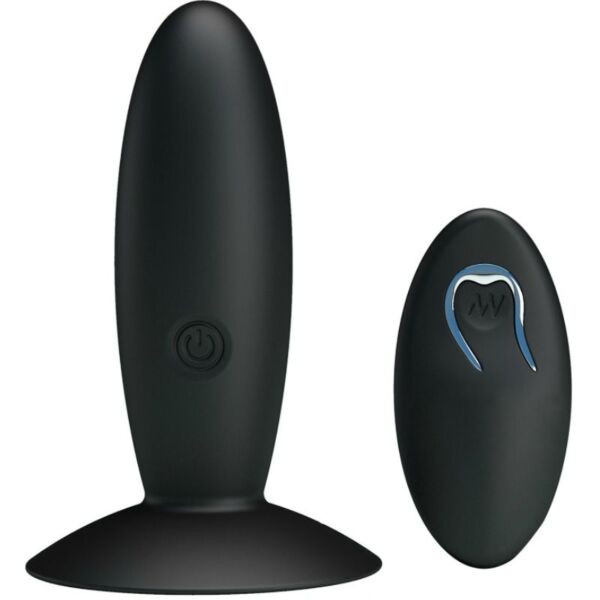 Plug anal vibrant Pretty Love avec télécommande, en noir, à côté de sa télécommande