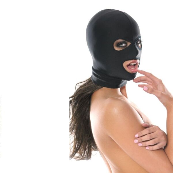 Cagoule Fetish Fantasy 3-Hole Hood de Pipedream, avec ouvertures pour les yeux et la bouche