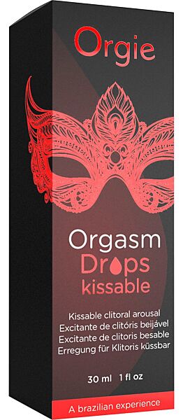 Flacon en verre avec compte-gouttes d'Orgie Orgasm Drops Kissable, 30 ml