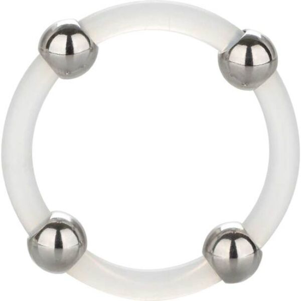 Anneau pénien CalExotics Steel Beaded Silicone Ring Large en silicone transparent avec des perles en acier inoxydable