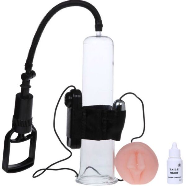 Pompe à pénis Baile For Him avec vibrations, tube transparent, gâchette à doigt, commande et anneau