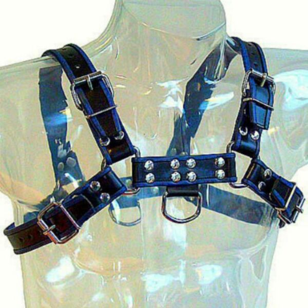Harnais pour homme Leather Body Chest Bulldog en bleu et noir, avec sangles et chaînes en métal