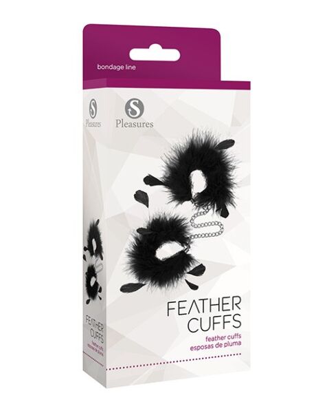 Menottes S Pleasures Feather Cuffs, deux menottes à plumes reliées par une chaîne