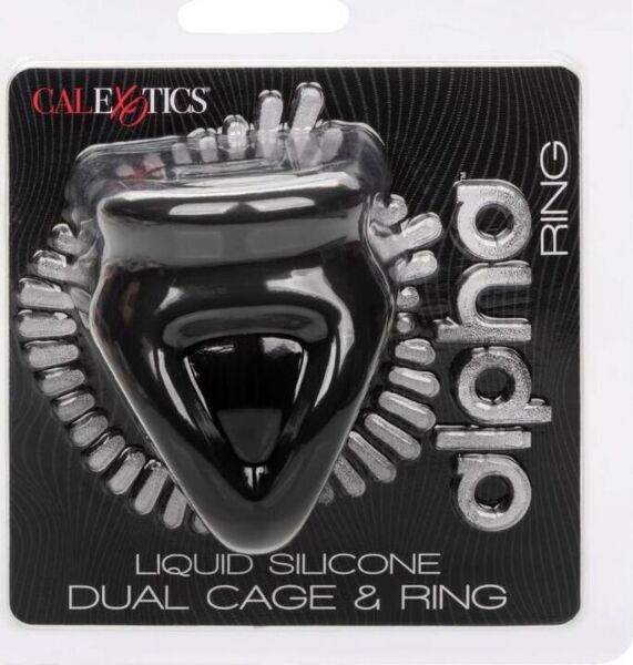 Anneau pénien CalExotics Alpha Dual Cage & Ring noir, avec son anneau pour le scrotum