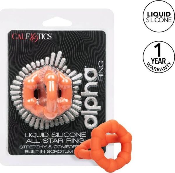 Anneau pénien Alpha All Star Ring de CalExotics, en silicone orange, avec anneau pour le scrotum