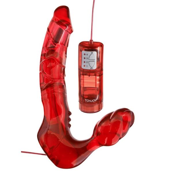 Gode ceinture sans sangle Toyjoy avec une extrémité longue, une courte et un vibrateur intégré