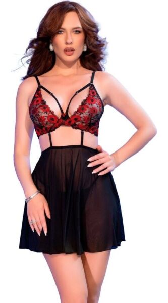 Babydoll Chilirose CR 4869 avec soutien-gorge brodé, jupe en tulle et string