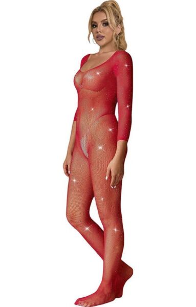 Bodystocking Subblime en résille rouge à motif losanges et manches longues