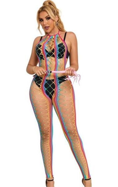 Bodystocking Subblime en résille à motif arc-en-ciel avec tour de cou