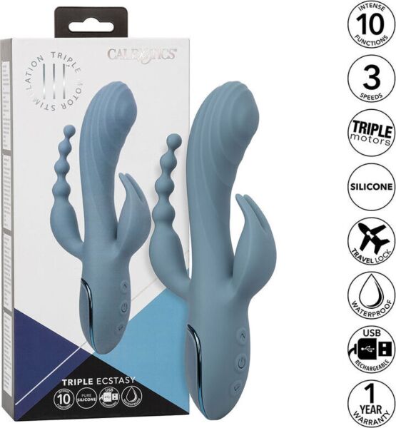 Vibromasseur rabbit CalExotics III Triple Ecstasy bleu, avec tige, stimulateur et queue à billes