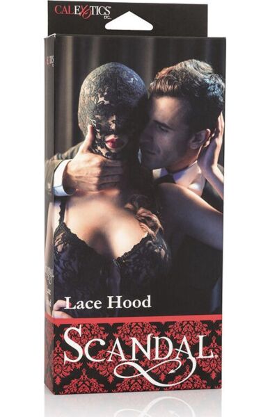 Cagoule en dentelle noire Scandal Lace Hood de CalExotics, à bouche ouverte