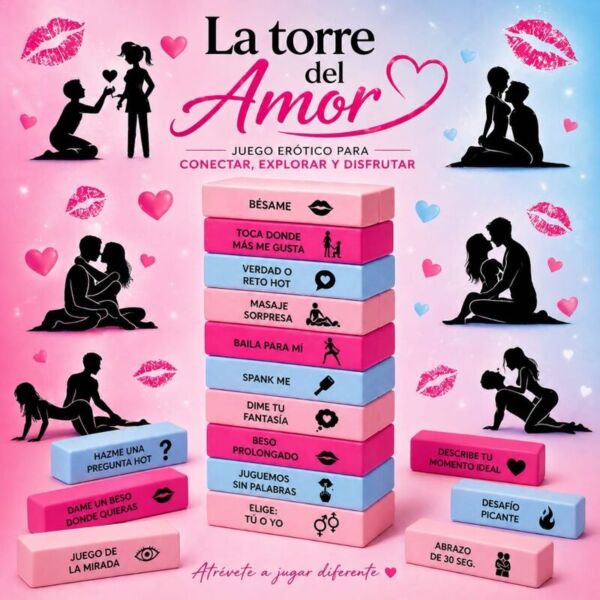 Jeu érotique Diverty Sex Love Tower avec ses blocs en bois, le bandeau, le ruban et la plume