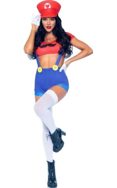 Déguisement sexy Mario Bros Leg Avenue rouge et bleu, avec crop top, short à bretelles et casquette rouge