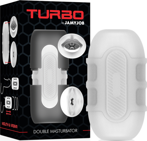Masturbateur double Jamyjob Turbo, avec ses deux entrées en forme de bouche et de vagin