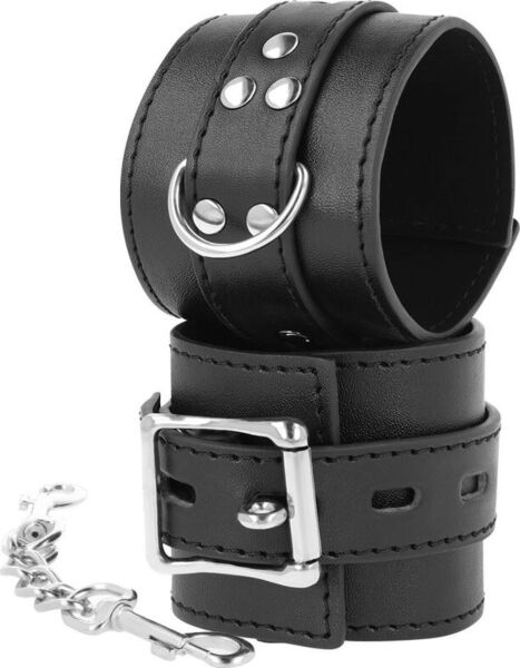 Menottes Darkness Bondage à sangles noires et boucles, reliées par une chaîne