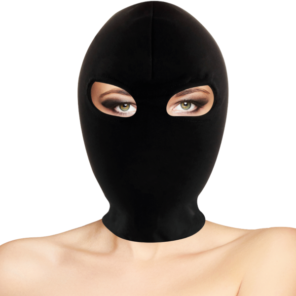 Cagoule BDSM Darkness Submission avec ouverture pour les yeux, enfilée sur la tête