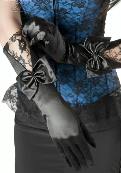 Gants Chilirose CR 3252 en satin noir avec dentelle et nœud