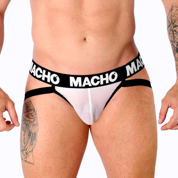 Jockstrap Macho Underwear MX26X1 blanc avec filet semi-transparent
