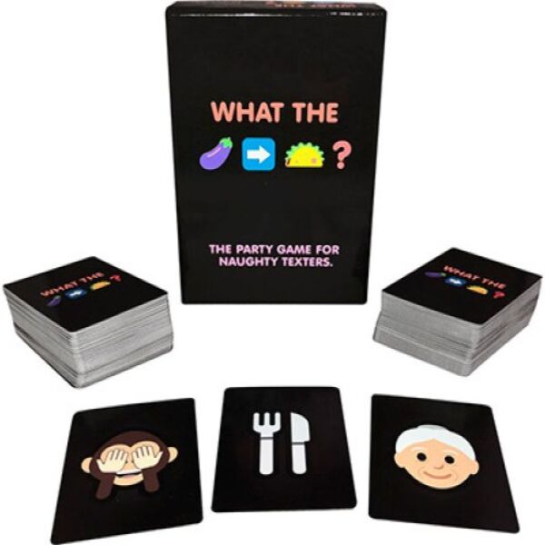 Jeu de cartes érotique pour adultes What The Game de Kheper Games, avec sa boîte et ses cartes d'emojis