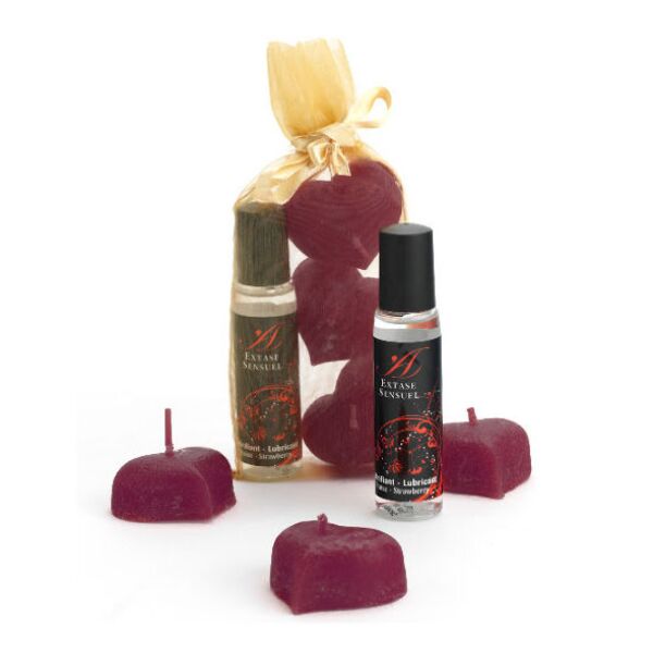 Kit Extase Sensuel Nuits de Soie avec ses bougies en forme de pétale et le flacon de gel lubrifiant à la fraise