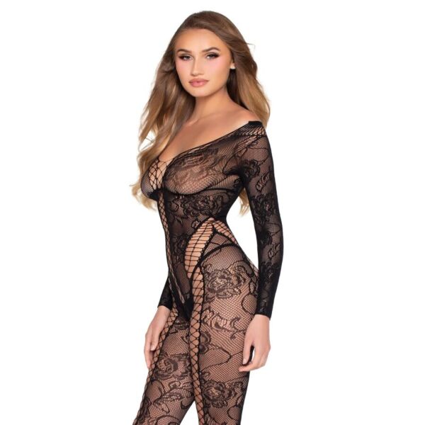 Bodystocking Leg Avenue Just a Taste noir, en dentelle florale et résille, à manches longues