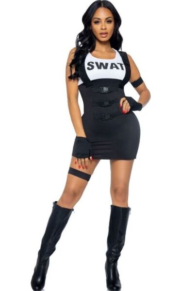 Déguisement de policière Leg Avenue Sultry SWAT Officer noir, avec robe, gants, brassard et jarretière