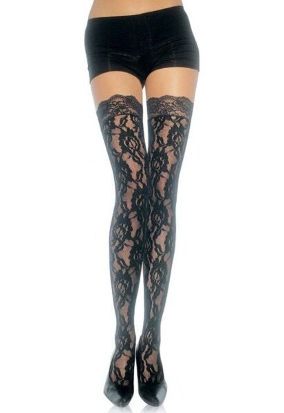 Bas en dentelle noire Leg Avenue Ella Rose, à motif de roses, portés jusqu'à la cuisse