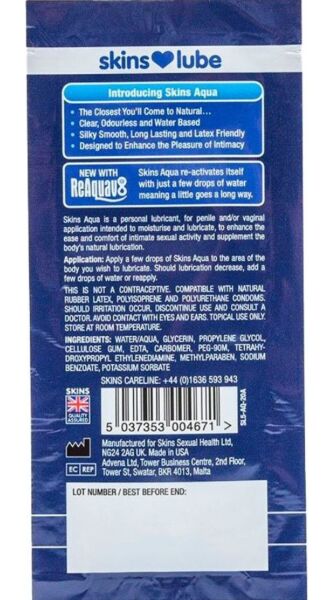 Sachet de lubrifiant à base d'eau Skins Aqua de 5 ml