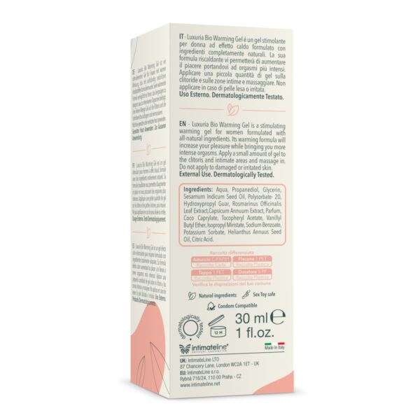 Gel stimulant chauffant Luxuria BIO Warming 30 ml d'Intimateline