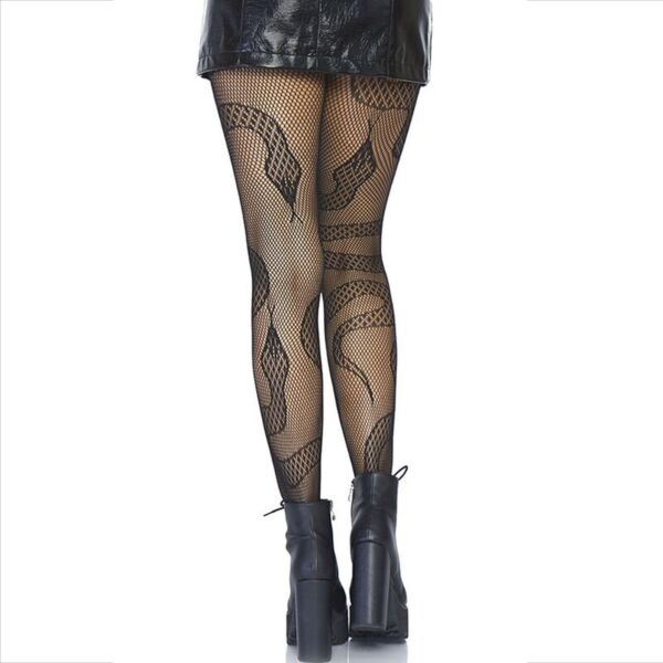 Collant résille noir Leg Avenue Snake Net Tights, avec des serpents en dentelle sur la résille