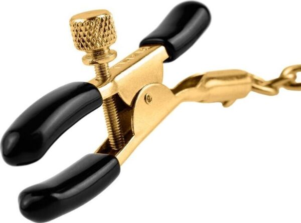 Pinces à tétons Fetish Fantasy Gold Chain Nipple Clamps dorées et noires, reliées par une chaîne