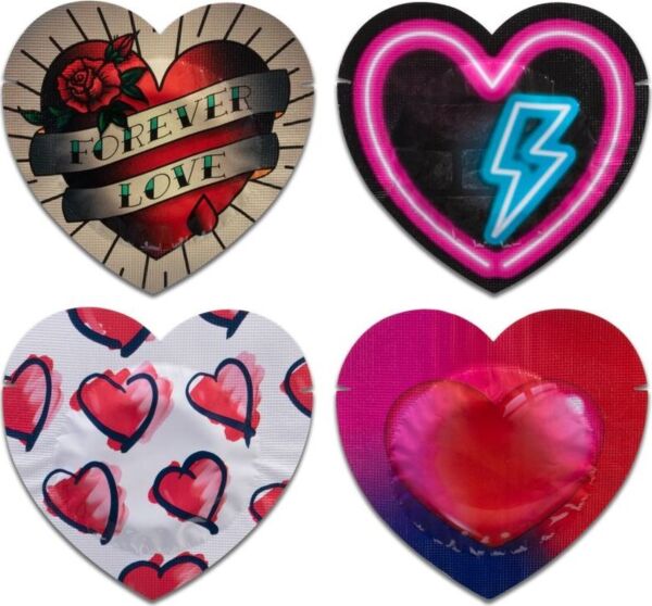 Préservatifs Pasante Red Heart Shape 144, rouges, dans des sachets en forme de cœur