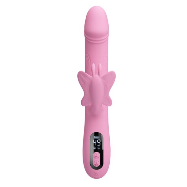 Vibromasseur rabbit Intense Bella de couleur rose, avec son stimulateur externe en forme de papillon