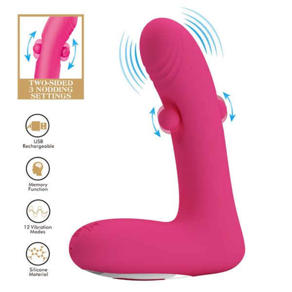 Vibromasseur Duden rose, avec un corps courbé et des points mobiles sur les côtés
