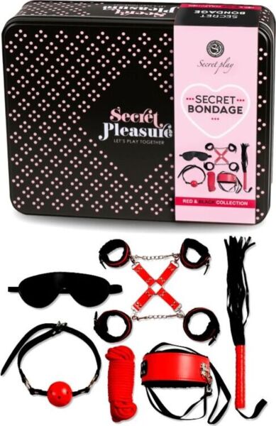 Kit BDSM Secret Bondage Rouge et Noir de Secret Play, avec ses pièces en similicuir et la corde
