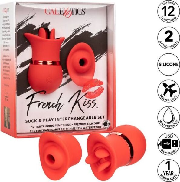 Stimulateur clitoridien à succion CalExotics French Kiss Suck & Play Set rouge avec ses deux embouts interchangeables