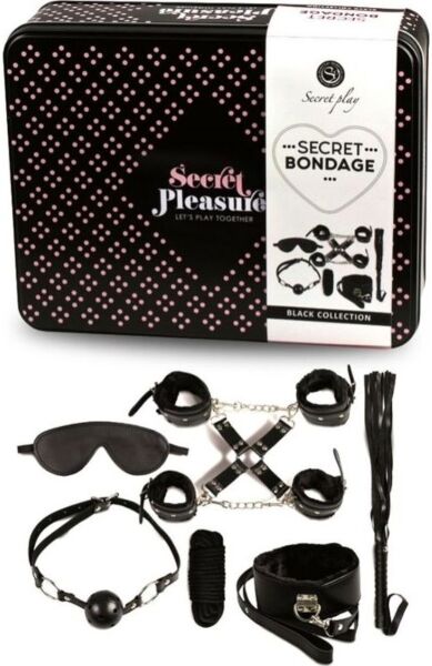 Kit BDSM Secret Play Secret Bondage 8 pièces noir, avec menottes, fouet, bâillon, masque, collier et corde