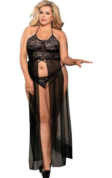 Ensemble de lingerie noir Subblime Queen Plus avec top façon robe, dentelle florale, transparence et string