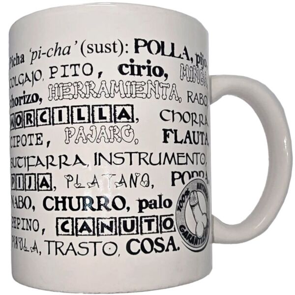 Mug en céramique blanche Diablo Picante de 370 ml avec des synonymes de pénis écrits en noir