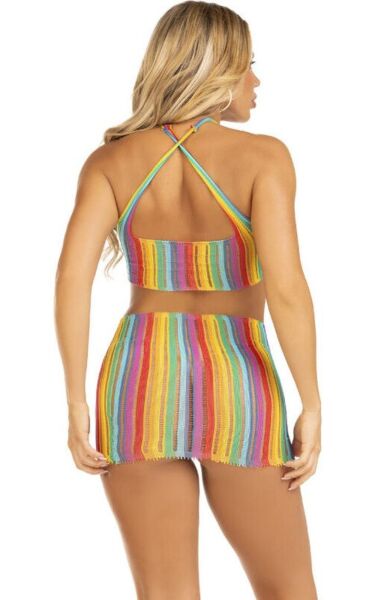 Mini robe Leg Avenue Technicolor Dream à rayures arc-en-ciel, avec col halter et bretelles croisées