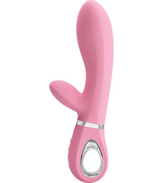 Vibromasseur rabbit Pretty Love Thomas rose poudré, avec sa tige courbe et son bras clitoridien