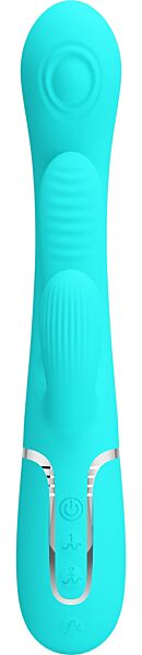 Vibromasseur rabbit Party Up Andy de couleur turquoise, avec sa langue sur la tige