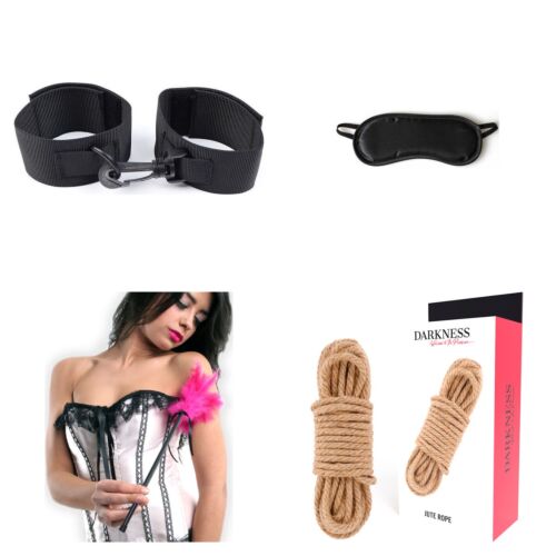 Coffret bondage soft pour débutants avec menottes, masque, cravache et corde