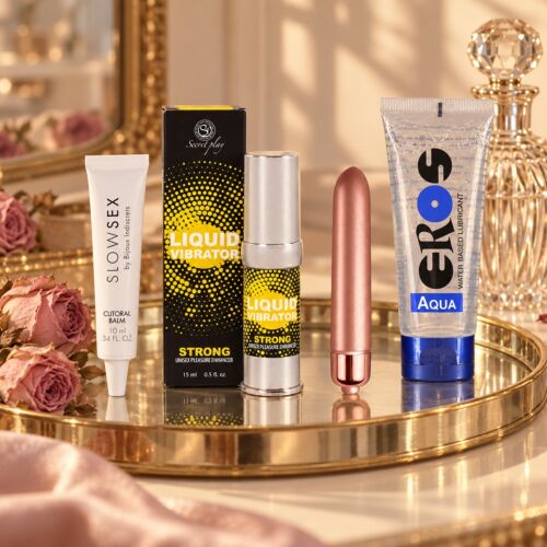 Coffret stimulant pour elle avec baume clitoridien et bullet vibrant – mise en scène d'ambiance (image générée par IA)