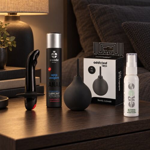 Coffret prostate débutant avec vibromasseur à base large – mise en scène d'ambiance (image générée par IA)