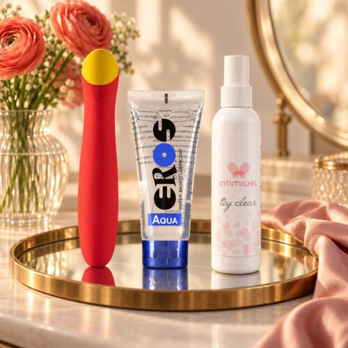 Coffret point G avec vibromasseur ROMP Hype et lubrifiant – mise en scène d'ambiance (image générée par IA)