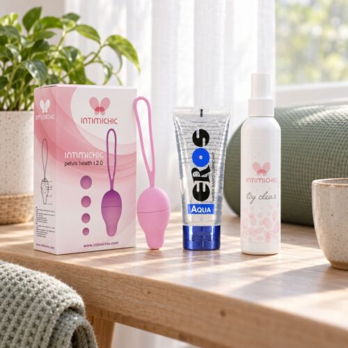 Coffret périnée avec boules de Kegel à poids progressif – mise en scène d'ambiance (image générée par IA)