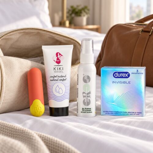 Coffret de voyage discret avec bullet vibrant et lubrifiant – mise en scène d'ambiance (image générée par IA)