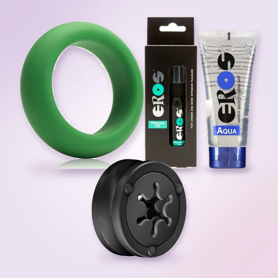 Le masturbateur Fun Factory IKU FLEX, l'anneau Je Joue, le spray Eros Prolong 101 et le lubrifiant EROS Aqua